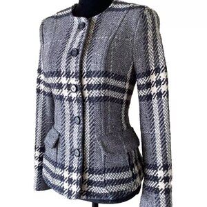 Burberry Plaid Metallic Gray Lined Blazer Size 4 Tweed Wool Made in Italy Rare!